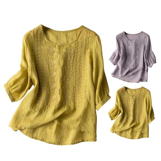 Женская рубашка с круглым вырезом и коротким рукавом, вышитый цветочный узор, топы, однотонная тонкая ретро-блузка, повседневная одежда