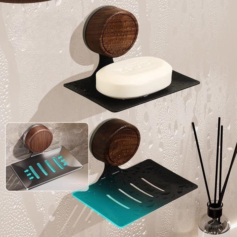 Nordic Style No Need To Drill Holes Wall-mounted Walnut Wood Soap Dish Suction Cup Soap Box Bathroom Toilet Draining Soap Rack