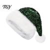Cute Xmas Headgear for Family Christmas Sparkly Sequins Santa Hat Adults, Velvet Plush Glitter Bling Warm Winter Party Headwear with Fluffy Pompom New