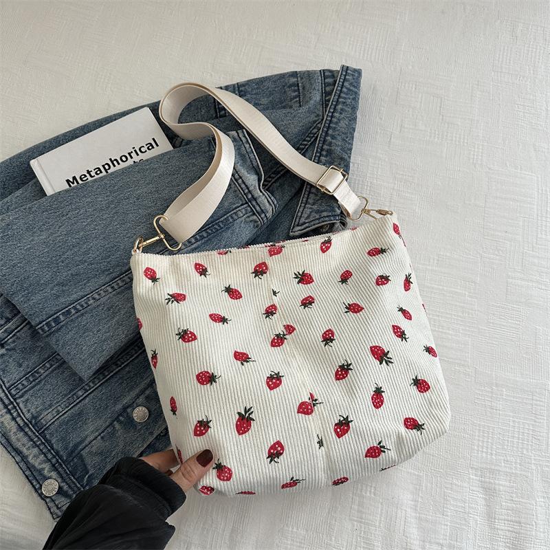 Popular Corduroy Strawberry Printed Bag Women'S Summer Shoulder Messenger Bag Bucket Bag