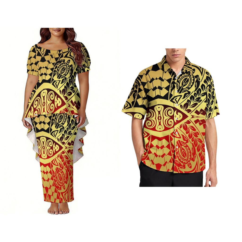 Custom Polynesian Bubble Short Sleeve Long Dress Lady Puletasi Dress Match Plus Size Men Stiff Neck Shirt Sets off Couples 2pcs