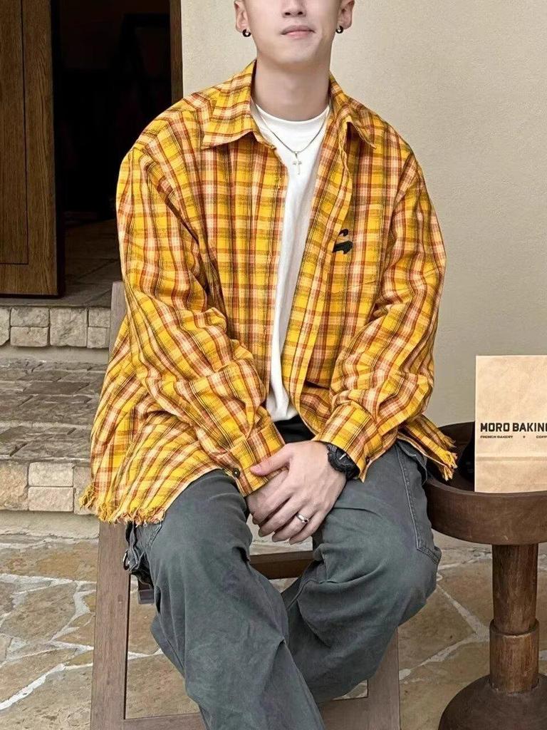 2024 Унисекс Американская ретро желтая клетчатая рубашка куртка: Уникальный весенне-летний топ для пар