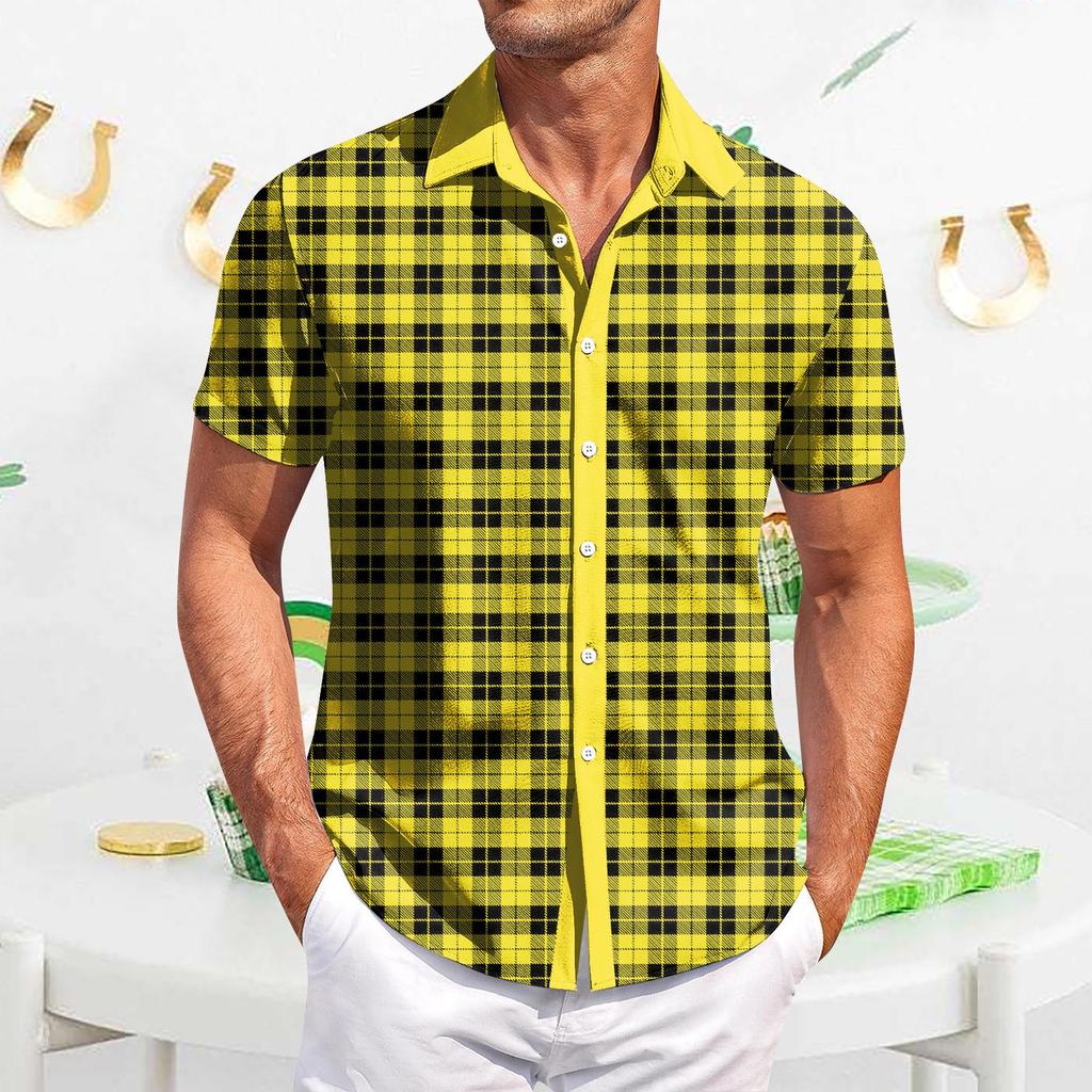 Мужская повседневная рубашка с короткими рукавами, приталенная, модная, с принтом в клетку