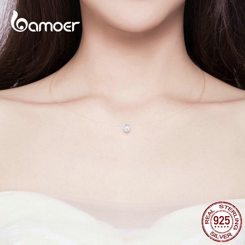 Bamoer Real 925 Sterling Silver Simple Shine Zircon Necklace for Women Jewelry Gift