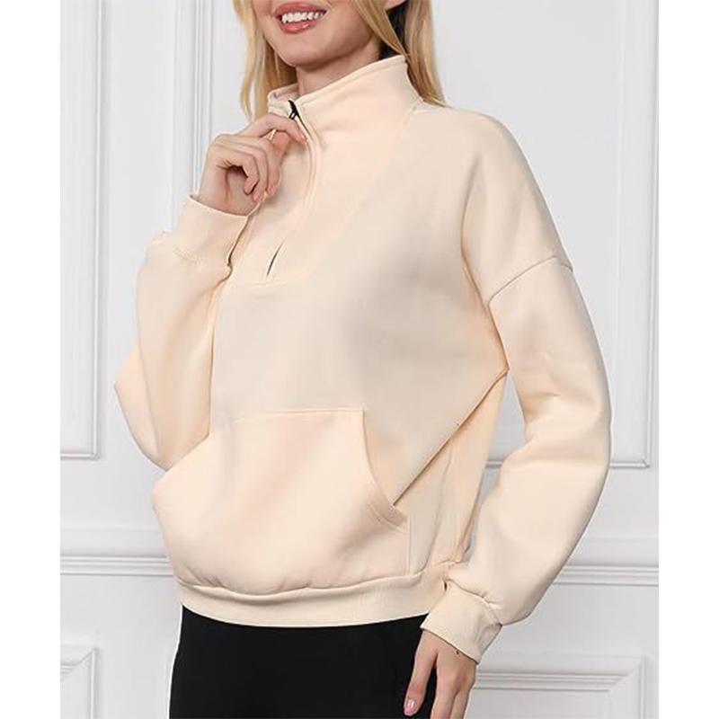 Women's Sweatshirt Stand Collar Solid Color Fashion Pocket Zipper Tops Casual Loose Fleece Ribbed Pullover
