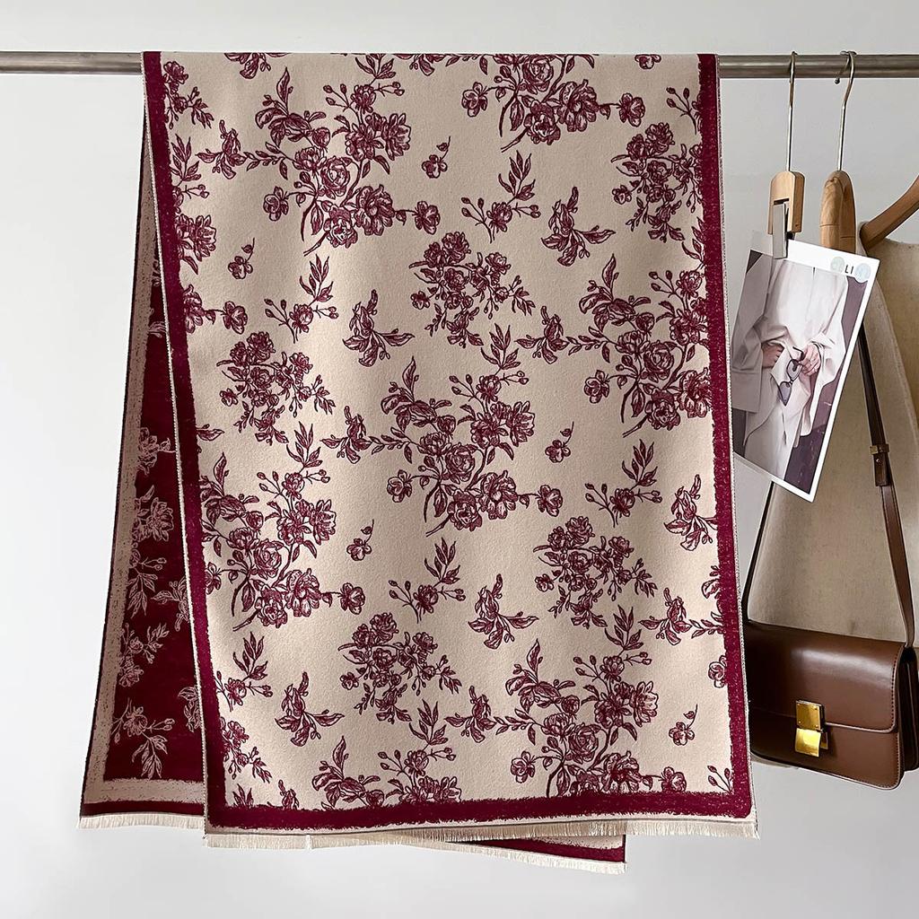 Winter Women's Retro Warm Shawl Elegant Floral Scarf Women Thick Blanket Wrap Tassel Female Long Scarf