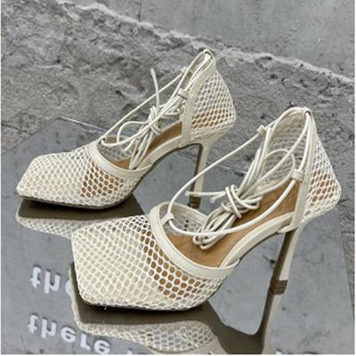 Модные женские босоножки на высоком каблуке с сеткой, туфли-лодочки, летние 2024 г., сексуальные римские туфли с ремешками и полыми ремешками, новые босоножки с открытым носком, размер 35-43, Sandalias Mujer