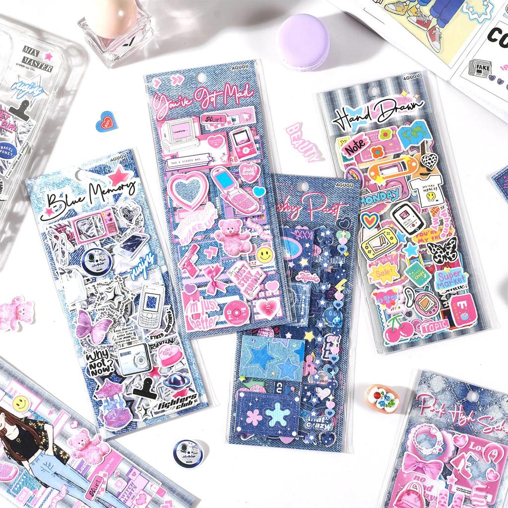3 шт. Y2K винтажные джинсовые милые блестящие наклейки из материала Blingbling Kawaii Girl Scrapbook Notebook Kpop фотокарта DIY Decor