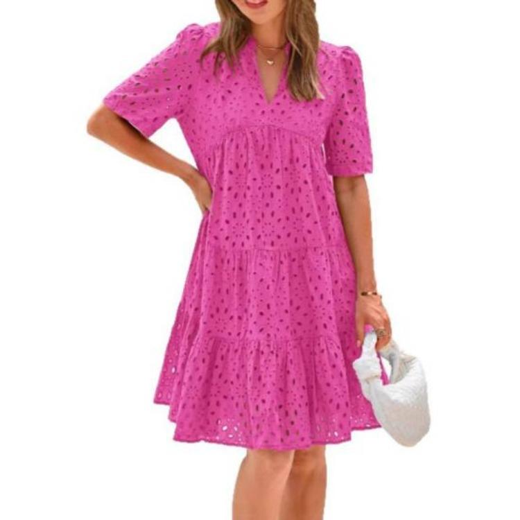 Summer Women's Flowy V-Neck Sundress Casual Hollow Out Midi Dress A-Line Tiered Eyelet Short Sleeve Beach Dress