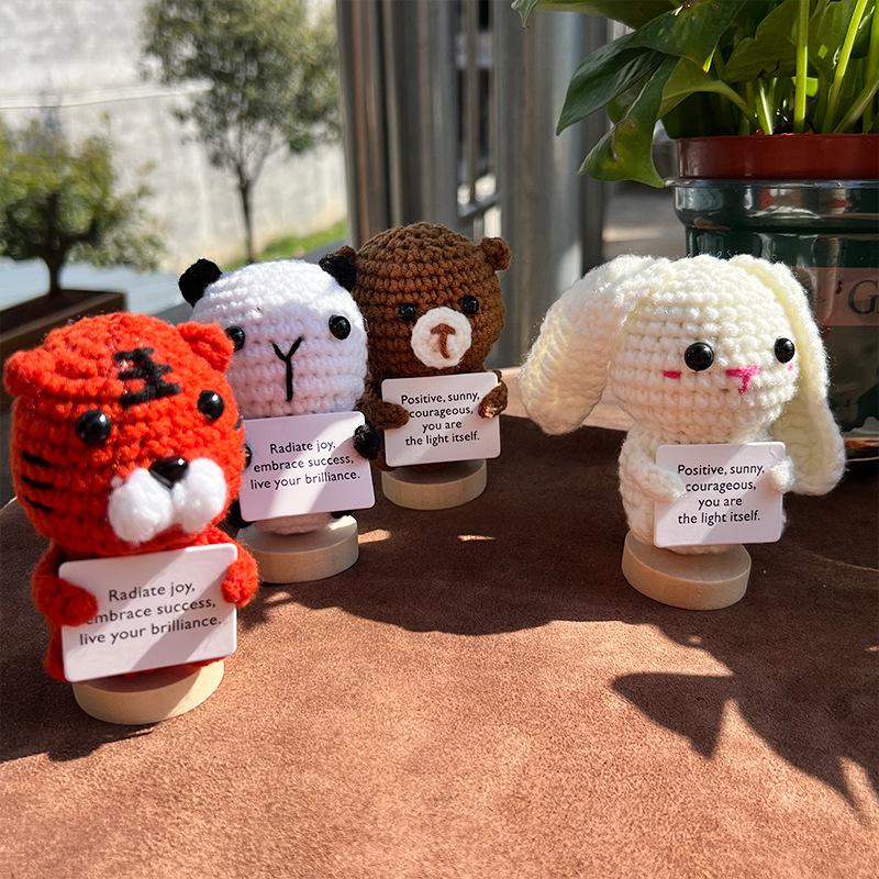 Cute Handcrafted Knitted Rabbit Doll With Card Room Decor Positive Tiger Panda Doll Ornament Christams Gifts Home Decoration
