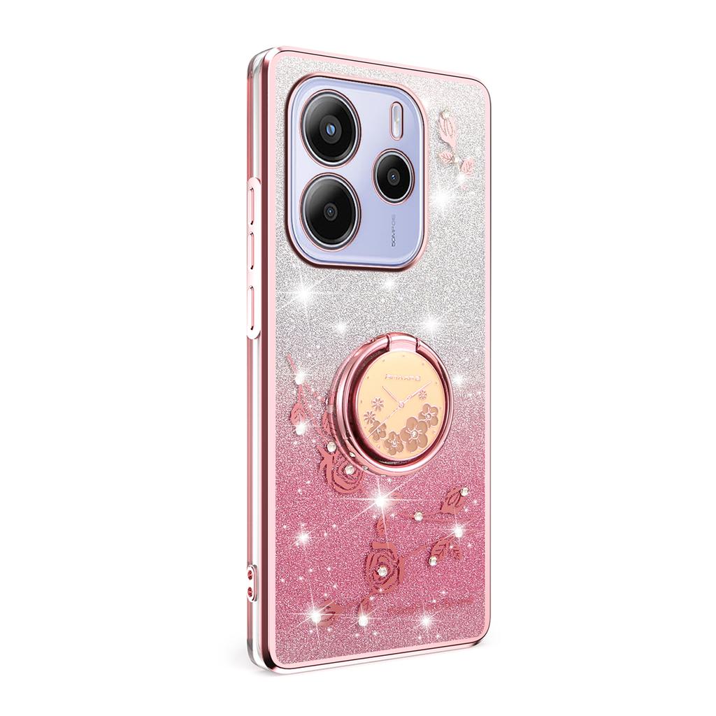 For Xiaomi Redmi Note 14 5G Case Ring Kickstand TPU Flowers Phone Cover Gradient Glitter