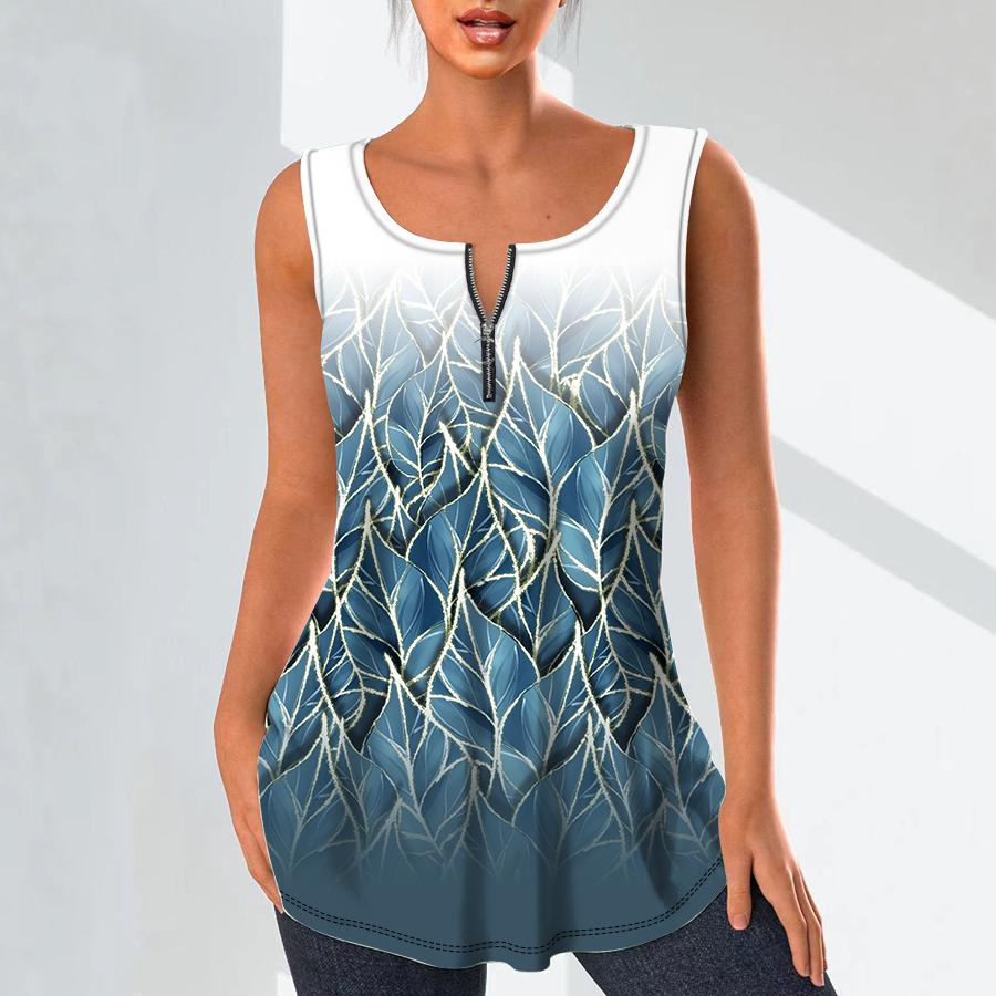 Women's Fashion V Neck Shirts Casual Tops T-shirt Ladies 3D Stacked Leaves Print Vest Plus Size Sleeveless Blouse Tank Tops