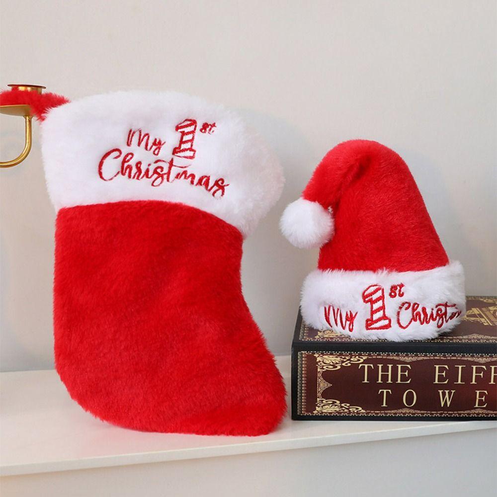 Wool Ball Christmas Hat Plush Xmas Cap Christmas Holiday Gift Hat sock Set  Infant Baby