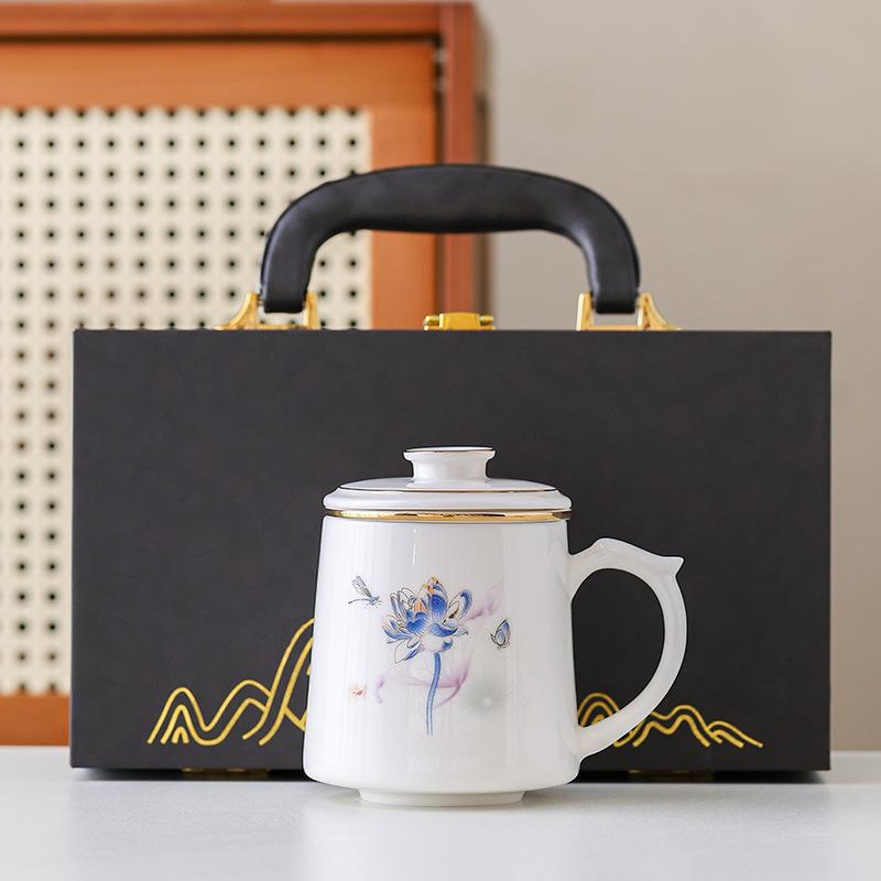Suet jade porcelain office cup tea separation with lid ceramic tea cup business high-end water cup gift box for customers