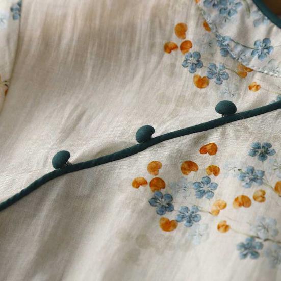 Vintage Floral Print Midi Cheongsam Qipao Dress for Women Loose Short Sleeve Chinese Style Dress with Pockets for Wedding