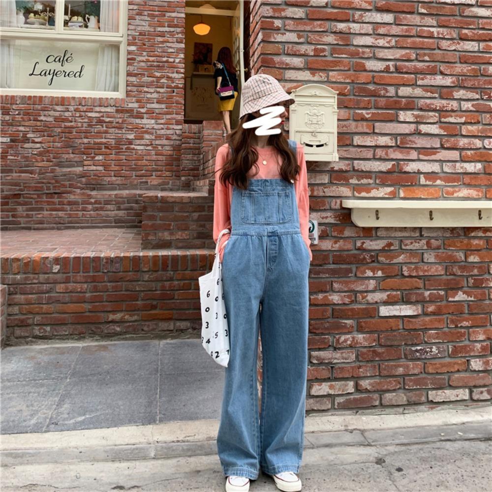 Women's Mid Rise Wide Leg Denim Overalls Loose Fit Simple Commuter Jumpsuit