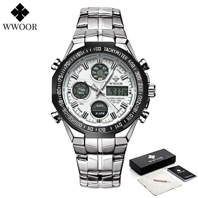 WWOOR Luxury Fashion Men Watch Sports Watch For Men Chronograph Dual Display Quartz Wristwatch Steel Band Waterproof Male Clock