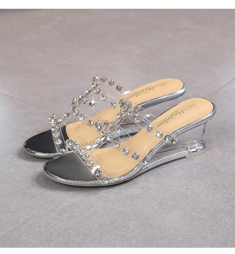 Серия 1098, летняя женская обувь на танкетке, 6 см, простые шлепанцы с пряжкой со стразами, прозрачная обувь LFD