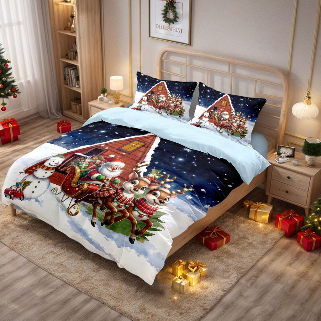 Comforter 3Pc Christmas House Print Coreless Duvet Set Multi Size Bedroom Holiday Dormitory Bedding Decoration Softmachine Washable
