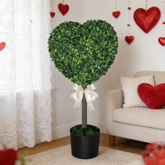 1/2Pcs Artificial Heart Topiary Tree Love Heart Topiary Stake with Rainbow Bow Indoor Outdoor Garden Porch Faux Shrubs Plants Decoration
