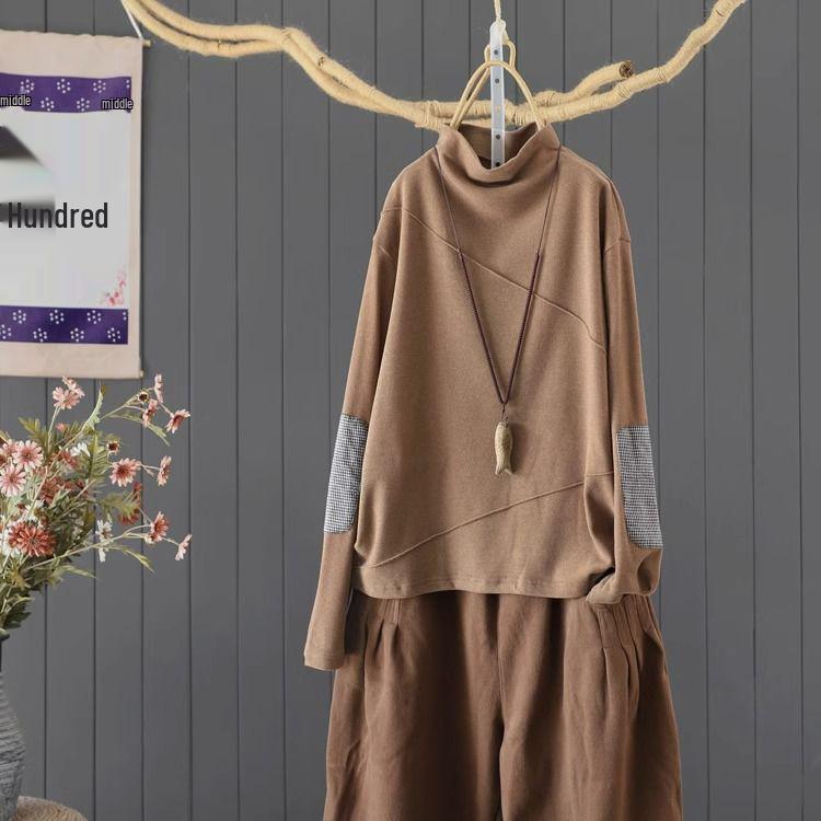 Женский этнический пуловер из флиса с пэчворком - Воротник-стойка, Осень/Зима, Свободный крой