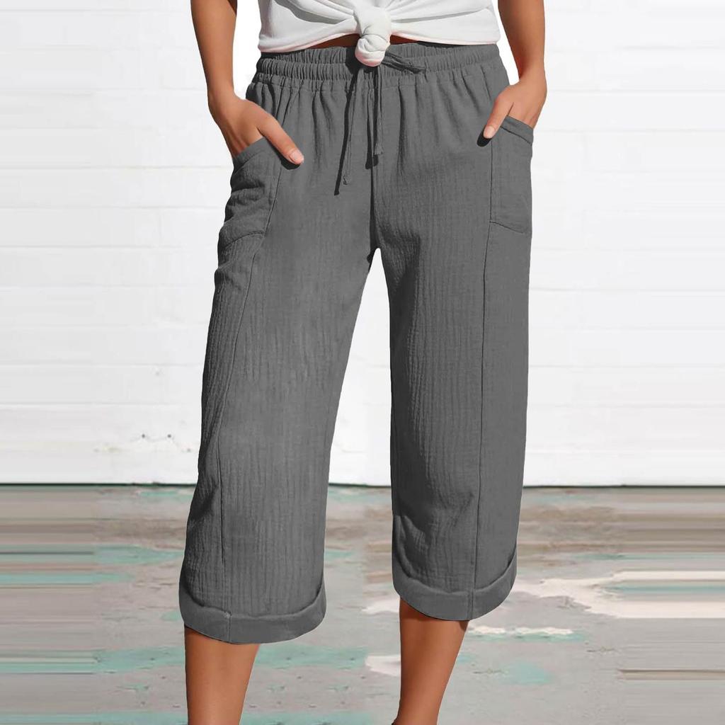 Women's Summer 3/4 Trousers Summer Trousers With Pockets Causal Loose Trousers Fabric Trousers Sport Leisure Beach Trousers