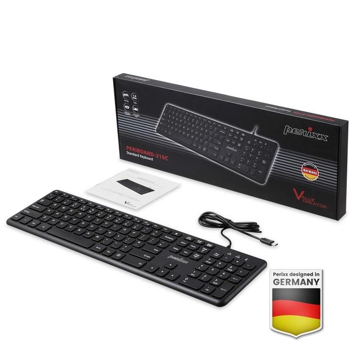 Perixx PERIBOARD-210 Проводная клавиатура, Полноразмерная, Тонкая, Тихая, Английская раскладка, Черная (Type-C)