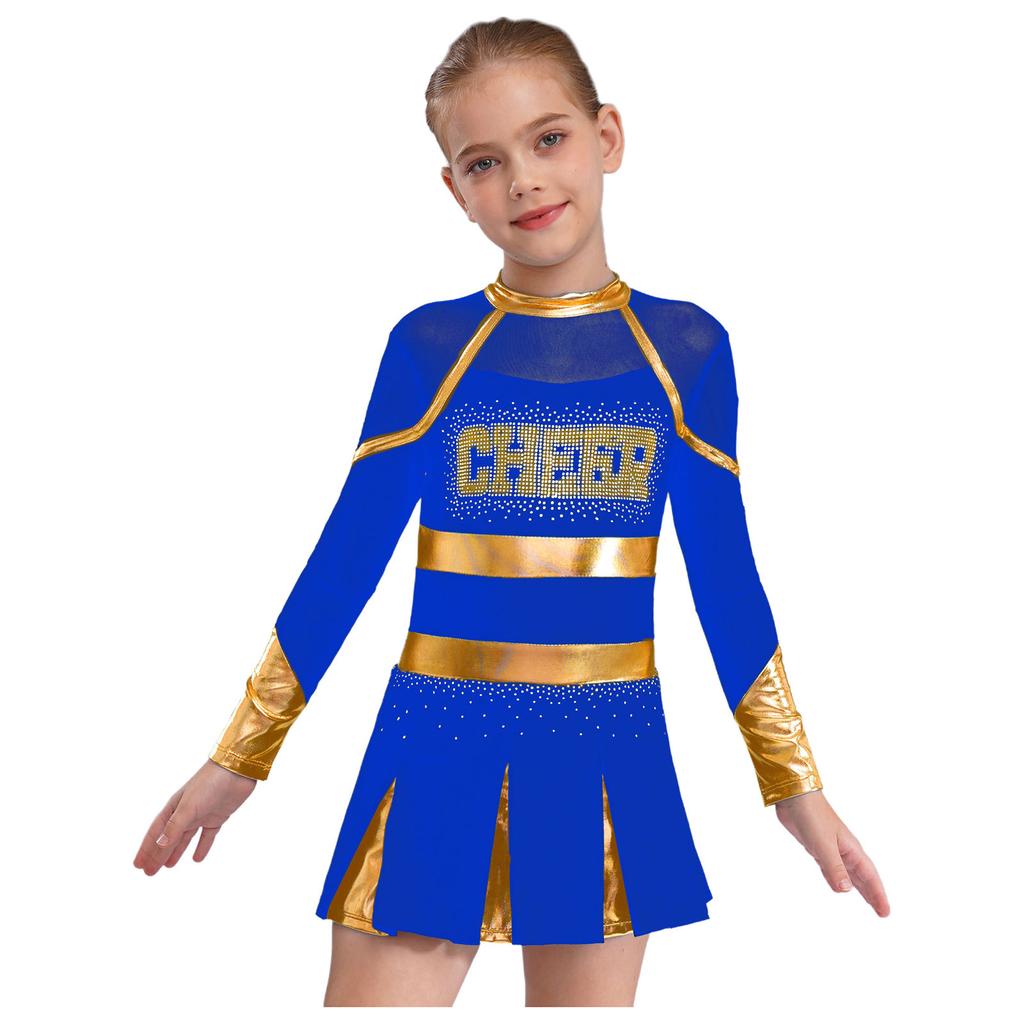Girls Sparkly Rhinestones Letter Pattern Metallic Contrast Patchwork Long Sleeve Pleated Cheerleading Dress