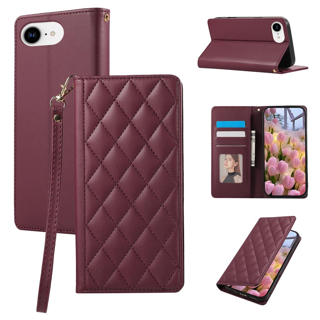 For iPhone 16e Case RFID Blocking Wallet Stand Rhombus Leather Phone Cover with Wrist Strap
