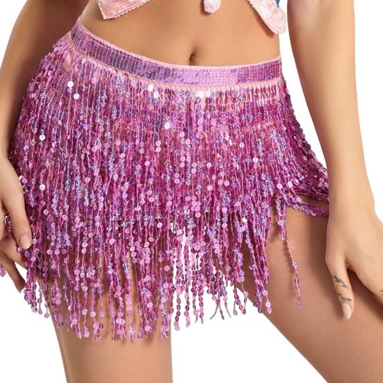 Женская юбка для танца живота с цепочкой, кисточками, пайетками, 3 слоя, на шнуровке, в стиле бохо, клубная одежда для выступлений, мини-юбка для латинских танцев, короткая юбка для тренировок, бедра