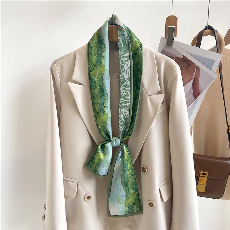 Tassel-decorated suit necktie belt small strip headband silk scarf women's double-sided printed narrow thin scarf