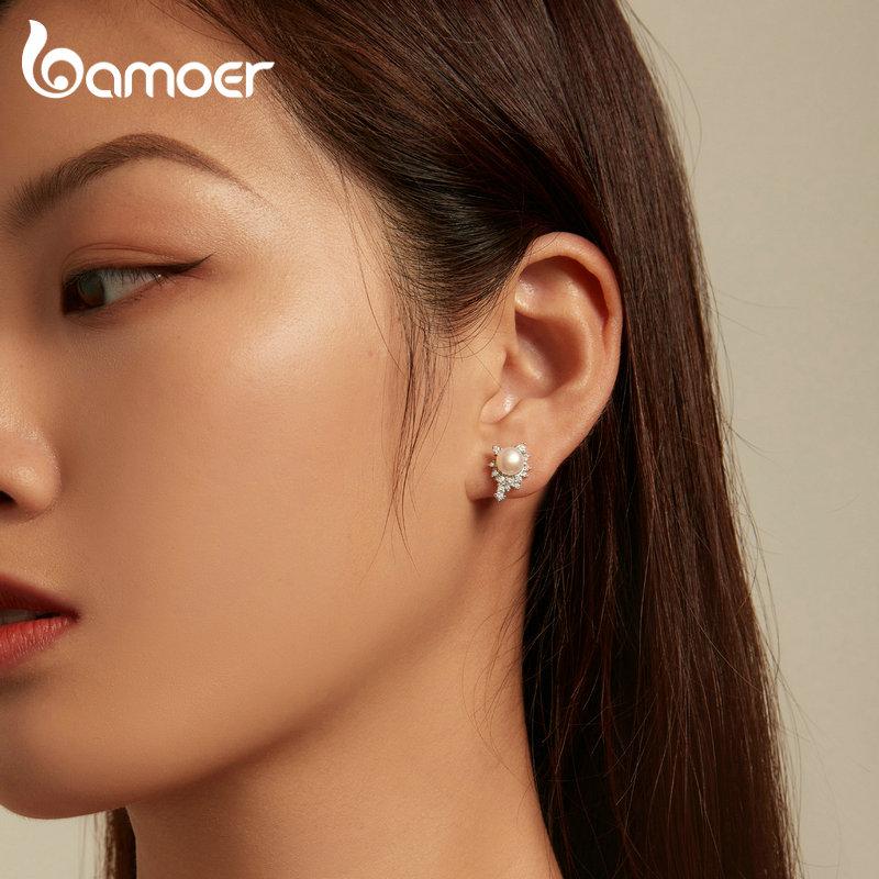 BAMOER Серьги из стерлингового серебра 925 пробы с яркими цирконами и бусинами для женщин, ювелирные изделия
