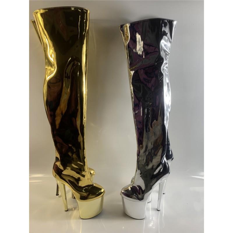 20 см сексуальные женские лазерные лакированные кожаные длинные сапоги на молнии сексуальные туфли для стриптиза туфли для танцев на шесте с круглым носком сапоги