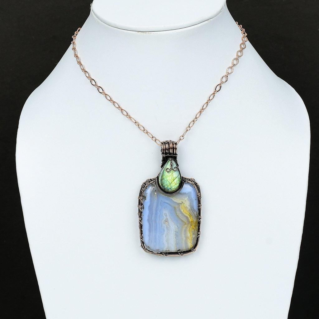 Подвеска из синего кружева с агатом Подвеска из лабрадорита Подвеска из медной проволоки Ювелирные изделия ручной работы Подарок для него Подвеска из проволоки с драгоценными камнями Ювелирные изделия в упаковке