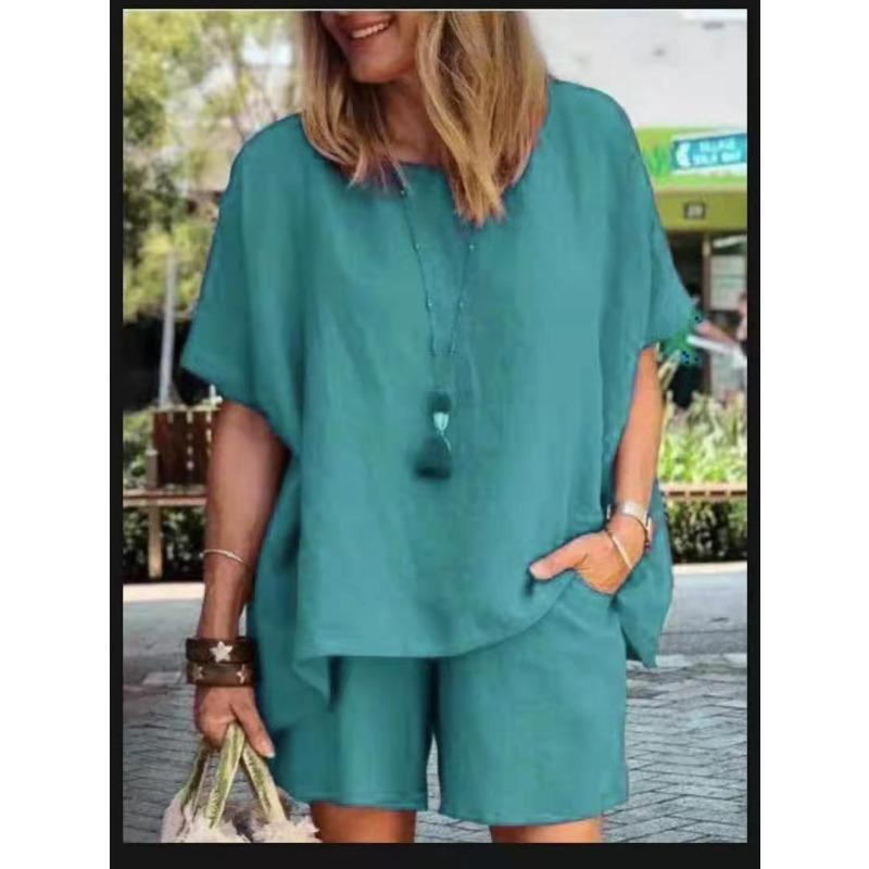 Women Casual Cotton Outfits Summer Half Sleeve T-shirt and Shorts Two Piece Suit Set
