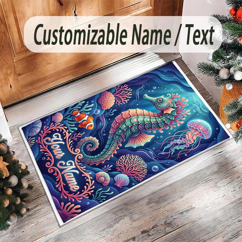 Mermaid Theme Crystal Velvet Floor Rug Personalized Custom Name Text Warm Carpet Home Decoration