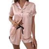Женский пижамный комплект из 2 шт./компл., однобортный однобортный топ с эластичной резинкой на талии и короткими рукавами, однотонный шелковистый лацкан
