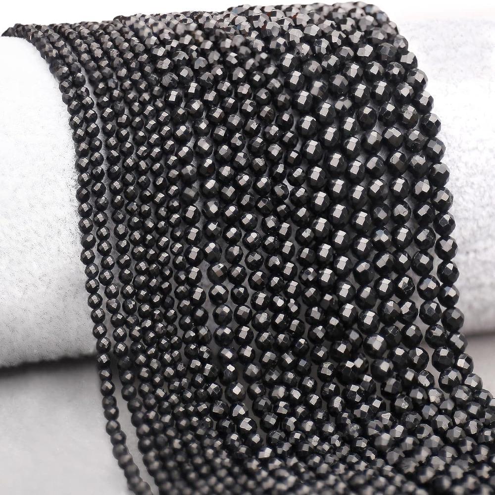 Черные Натуральные Камни 2мм Гранированные Круглые Свободные Бусины DIY Изготовление Ювелирных Изделий Черные Бусины Ожерелье
