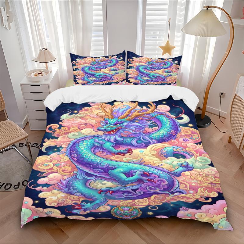 3Pcs Colorful Dragon Fantasy Bedding Set Soft Fabric Duvet Cover Pillowcases Home Christmas Xmas Halloween Gift 1 Duvet Cover 2 Pillowcase G1280