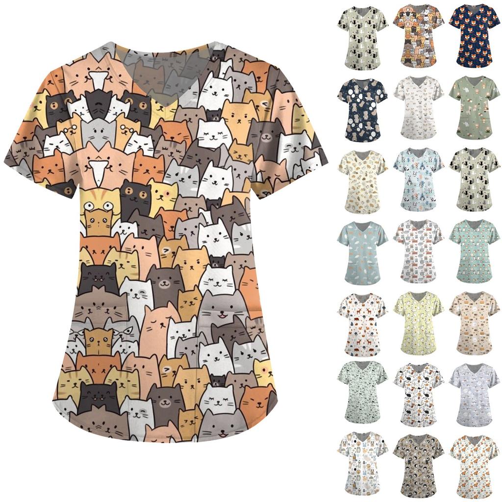 Women's Short Sleeve V-Neck Cute Animals Printed Pocket Carer Top