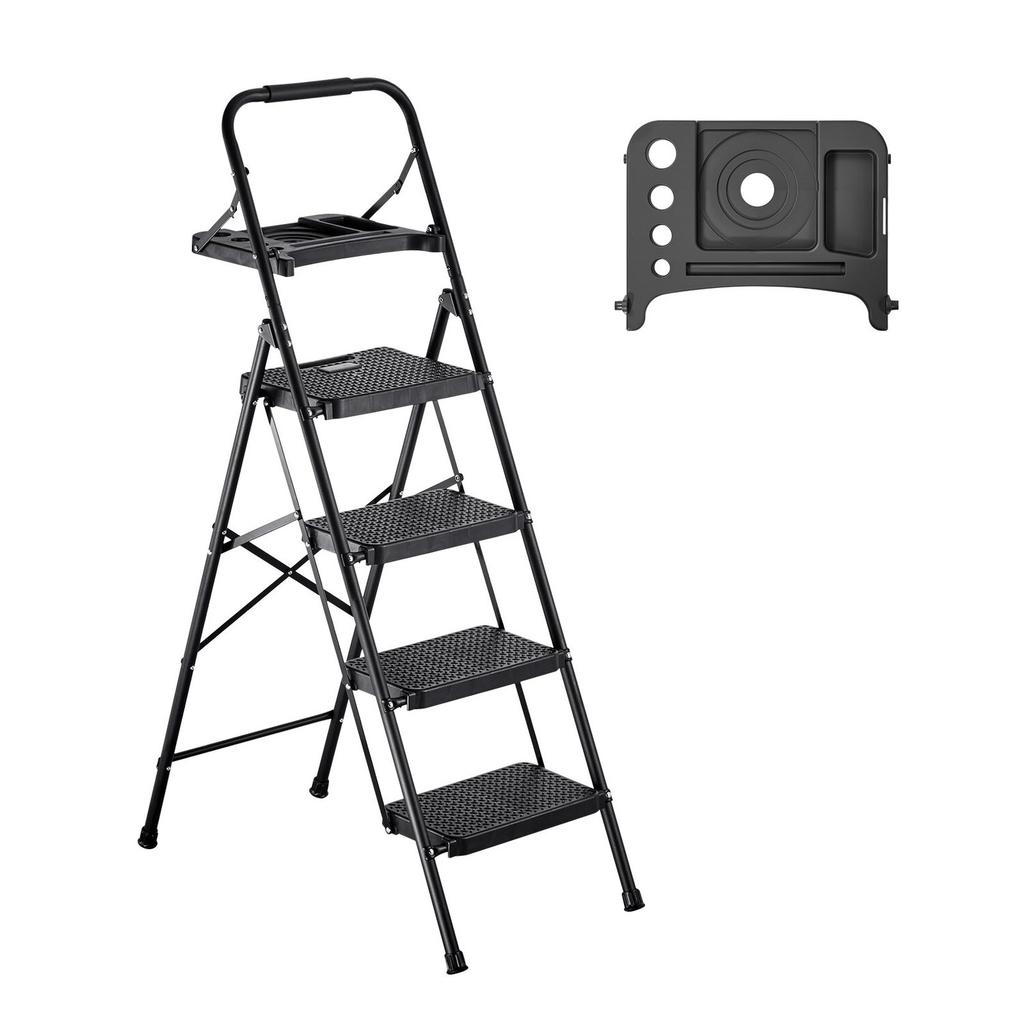 4 Step Ladder, Folding Step Stool with Wide Anti-Slip Pedal, Tool Tray, Comfort Handgrip, 272 kg Capacity Portable Steel Ladder, Multi-Use for