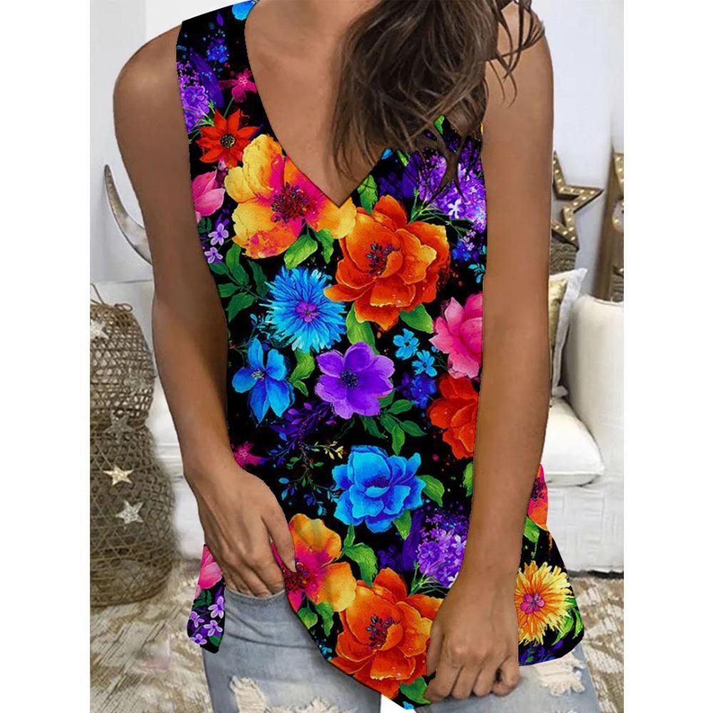 Colorful Flower Floral Tropical 3D Print Tank Top Women V-Neck Sleeveless Camisoles Off Shoulder Vest Y2k Tops Woman Clothing
