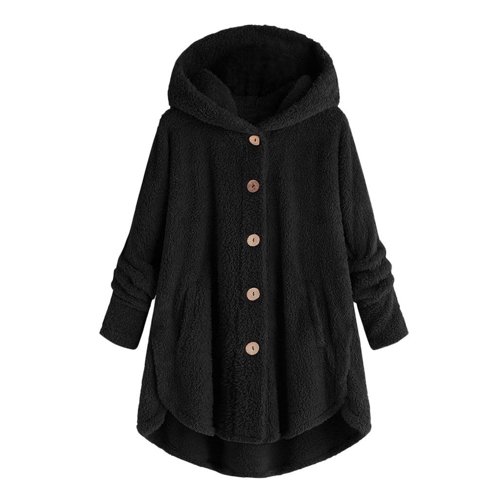 Women Plus Size Button Plush Tops Hooded Loose Cardigan Wool Coat Winter Jacket