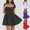 Модное летнее платье для отдыха с квадратным вырезом, темно-синее мини-платье А-силуэта, повседневные праздничные платья с коротким рукавом, элегантная женская одежда
