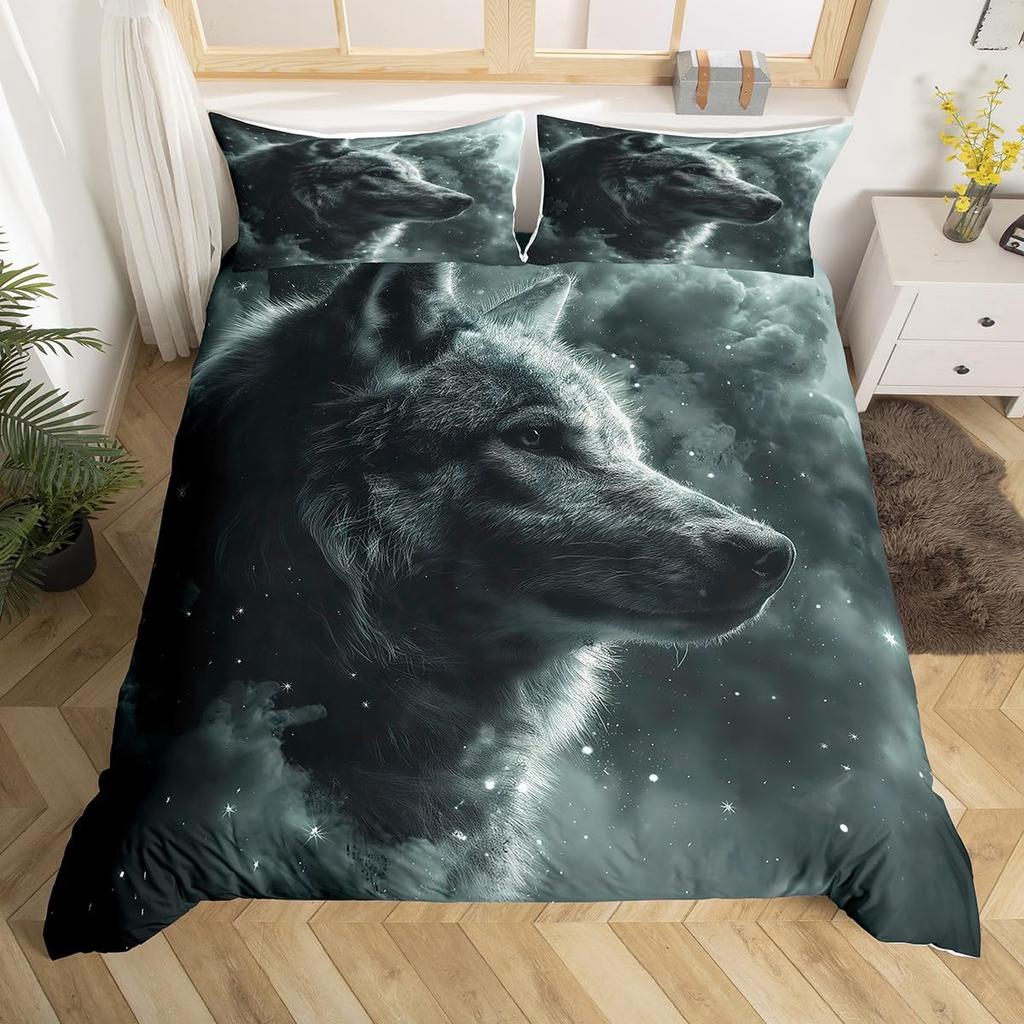Wolf Warm Comforter Cover King Quen,Safari Animal Beding Set for Young Boys Adult Peoples Wild Wolves Soft Duvet Cover Smoky Mountain Comfortable