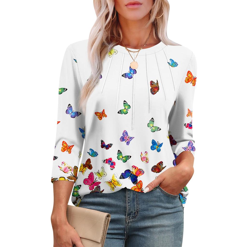 Женская модная футболка с круглым вырезом и рукавом 3/4 с принтом, повседневная, базовая, плиссированная, пуловер
