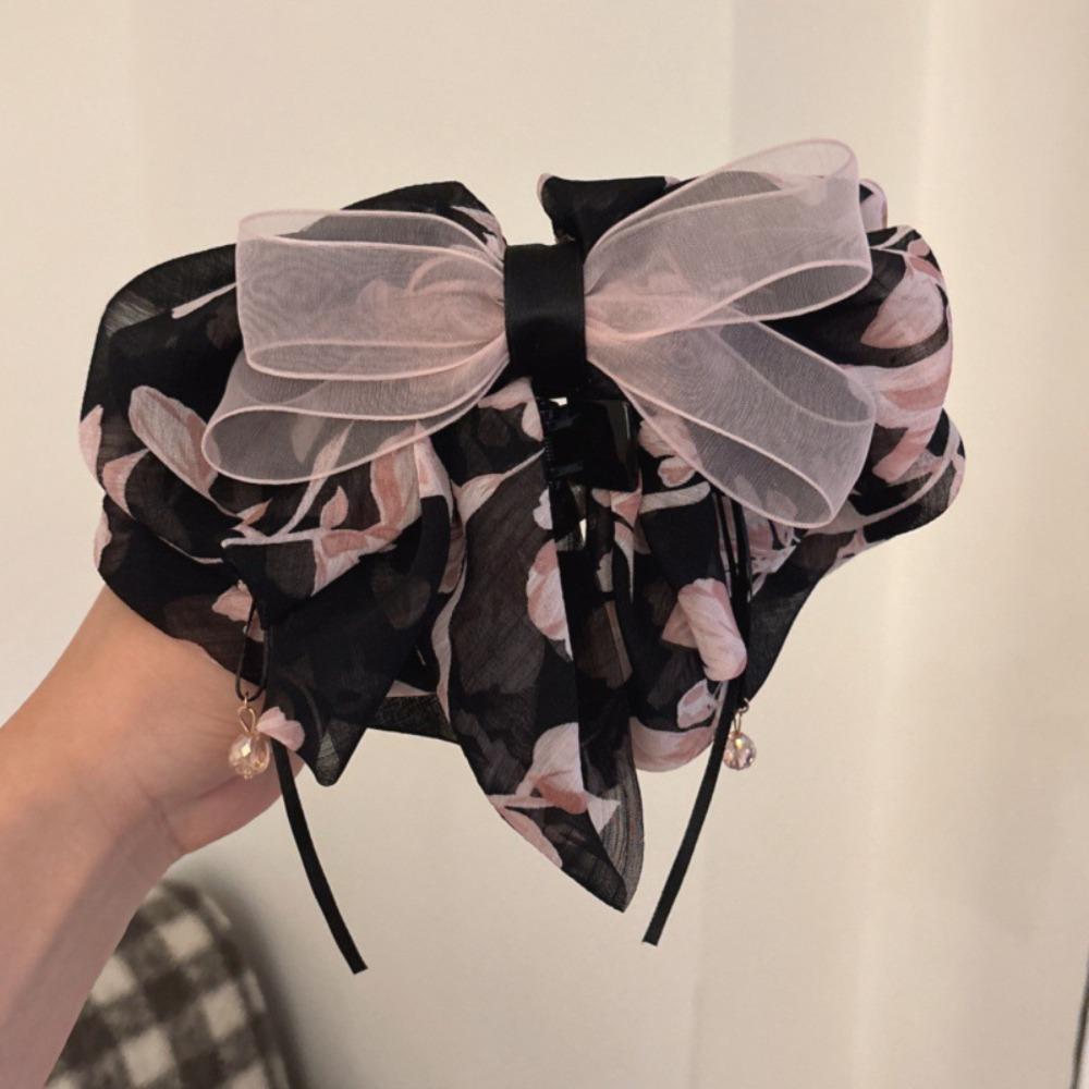 Grab Clip Chiffon Bowknot Hair Clip Floral Flower Hairpin Large Size Bow Ribbon Hair Claw  Travel