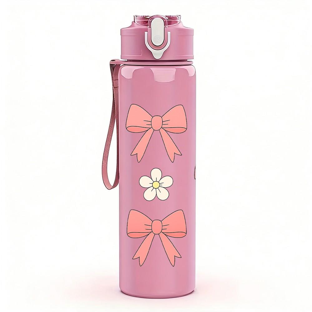 1PC Cute Pink Bow Ribbon Pattern 750ml Color Plastic Sports Water Bottle Leakproof Flip Straw Lid Suitable for Sports Office Home Use