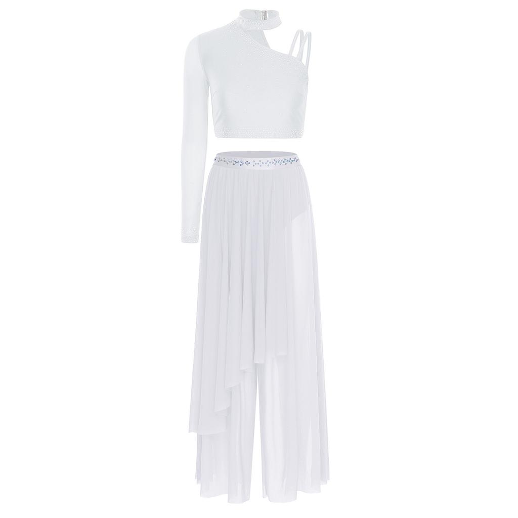Womens Rhinestone Lyrical Outfit Asymmetrical Long Sleeve Crop Top Loose Irregular Overlay Pants