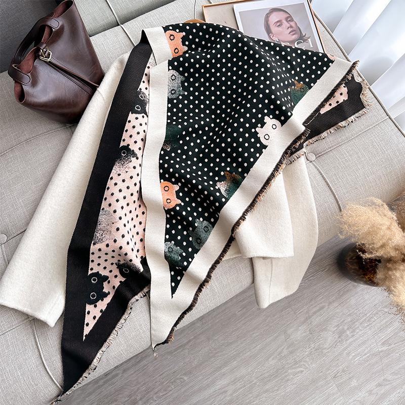 Autumn And Winter Triangle Scarf Polka Dot Kitten Print Double-Sided Warm Scarf Shawl Outer Cover Women
